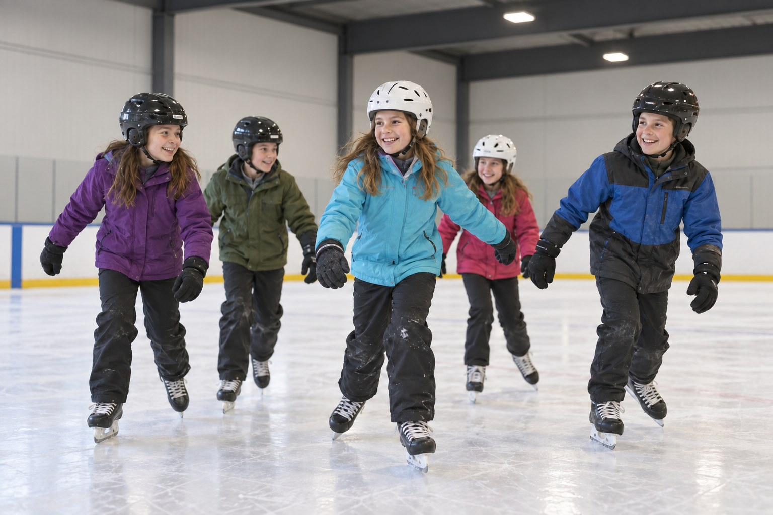 Photo-style illustration of children smiling and skating together at an indoor rink.